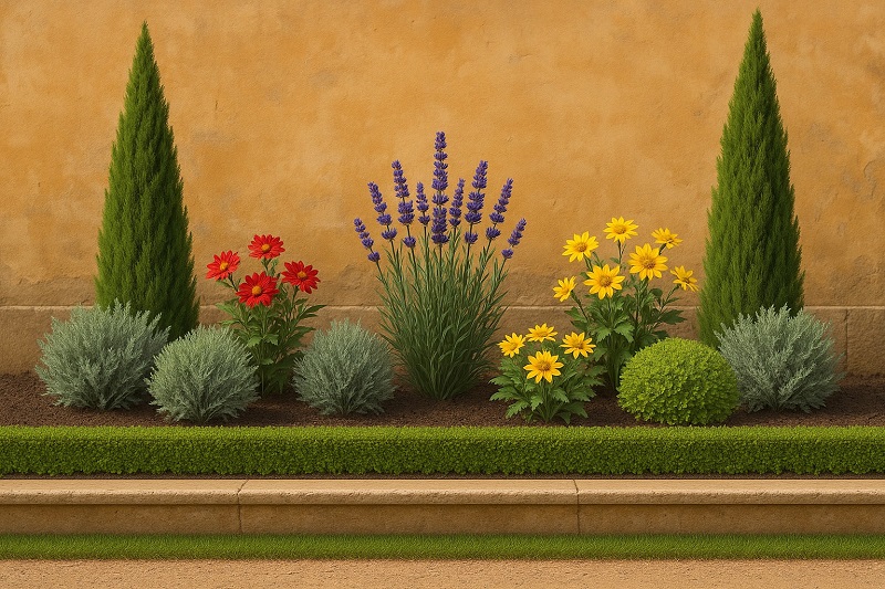 ローマ風シンメトリックを取り入れた小さな植栽花壇